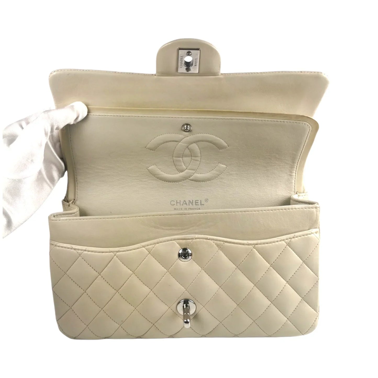 Chanel Classic Double Flap Medium Ivory Lambskin Silver