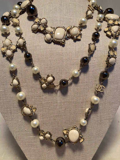 Vintage Chanel Enamel Pearl Gunmetal Beaded Necklace