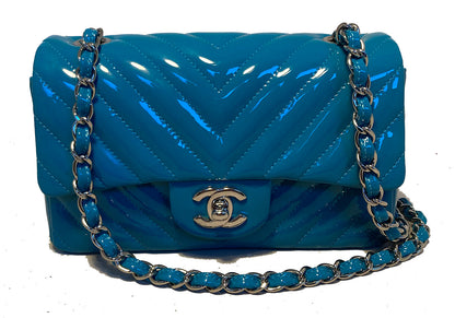 Chanel Teal Chevron Quilted Patent Leather Mini Classic Flap