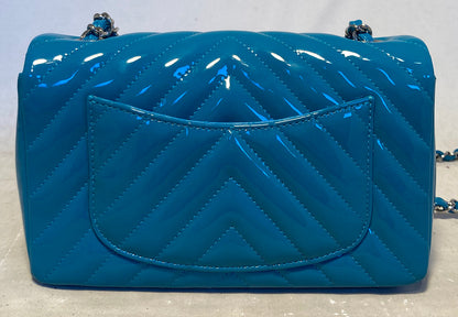 Chanel Teal Chevron Quilted Patent Leather Mini Classic Flap