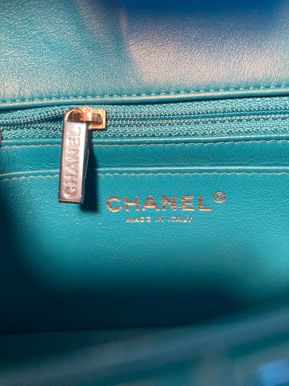 Chanel Teal Chevron Quilted Patent Leather Mini Classic Flap