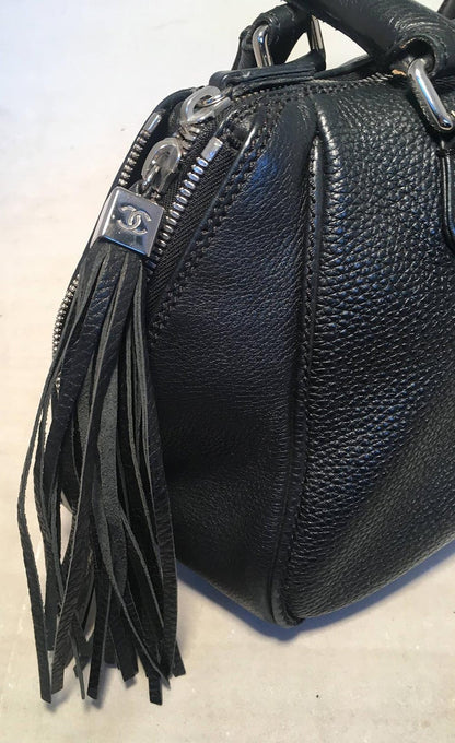 Chanel Black Leather Zip and Tassel Pull Tote Bag