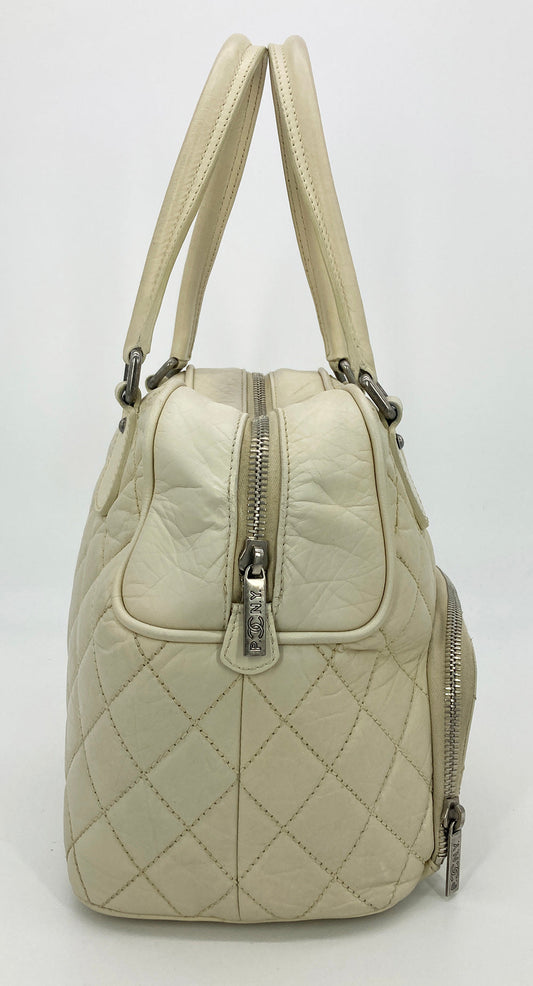 Chanel Paris New York Cream Distressed Bowling Tote