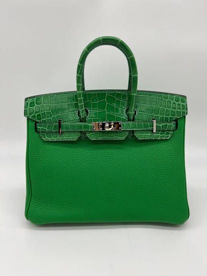 Hermes Birkin 25 Shiny Crocodile and Togo Vert Bambou Palladium Hardware