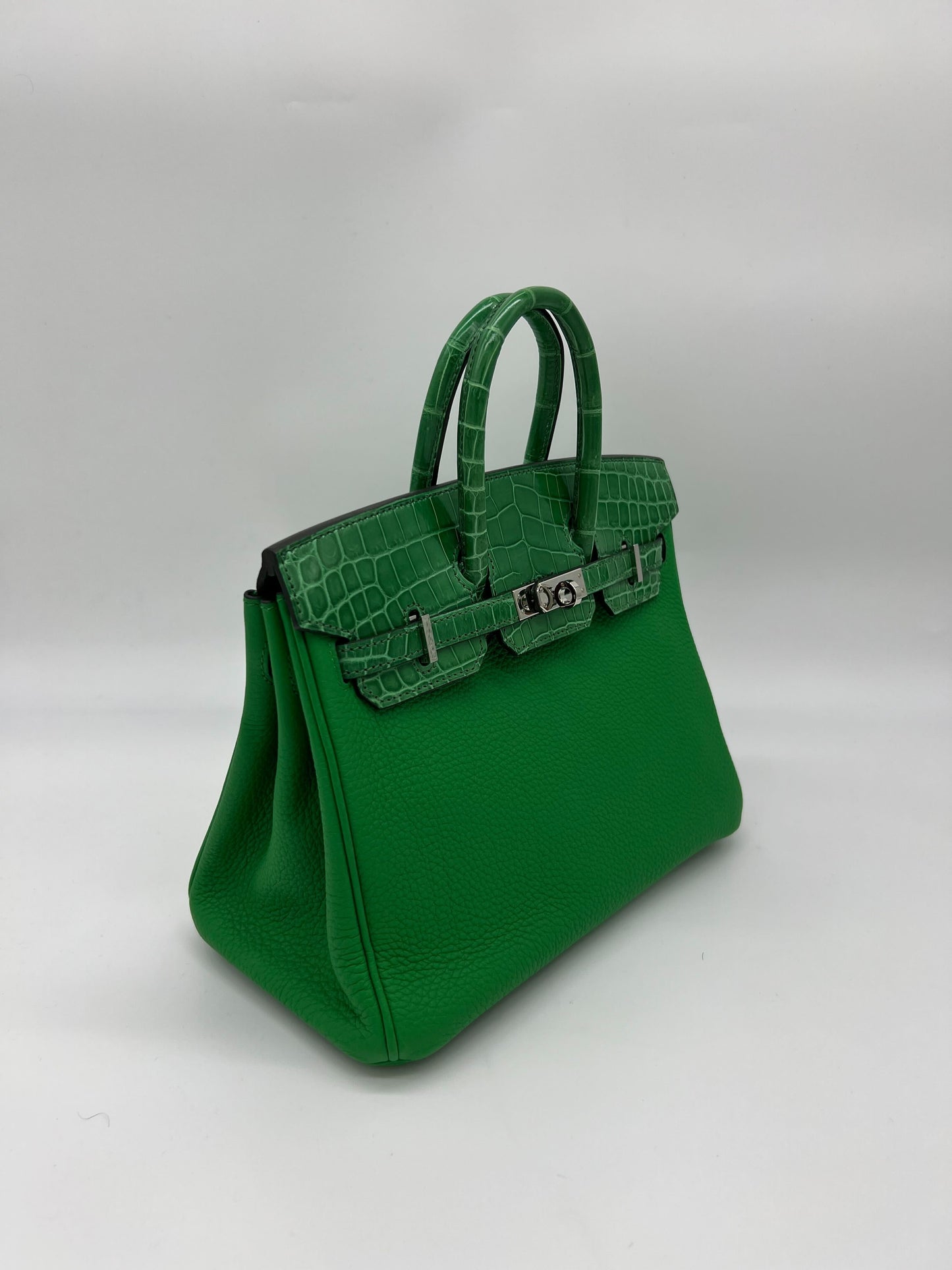 Hermes Birkin 25 Shiny Crocodile and Togo Vert Bambou Palladium Hardware