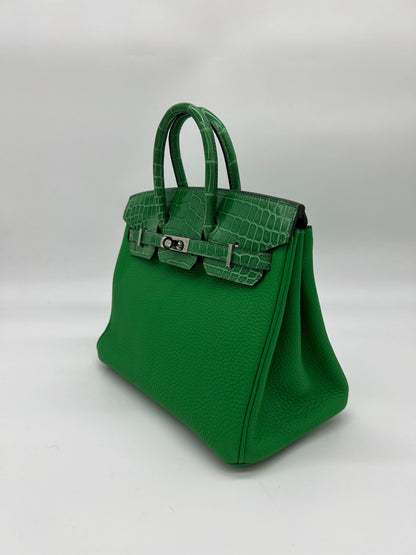 Hermes Birkin 25 Shiny Crocodile and Togo Vert Bambou Palladium Hardware