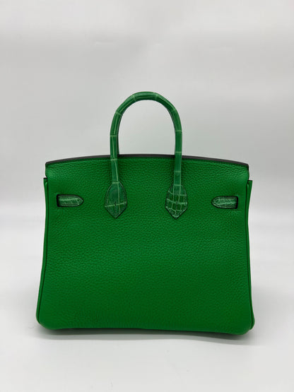 Hermes Birkin 25 Shiny Crocodile and Togo Vert Bambou Palladium Hardware