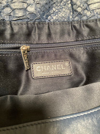 Chanel Navy Blue Quilted Matte Snakeskin Tote