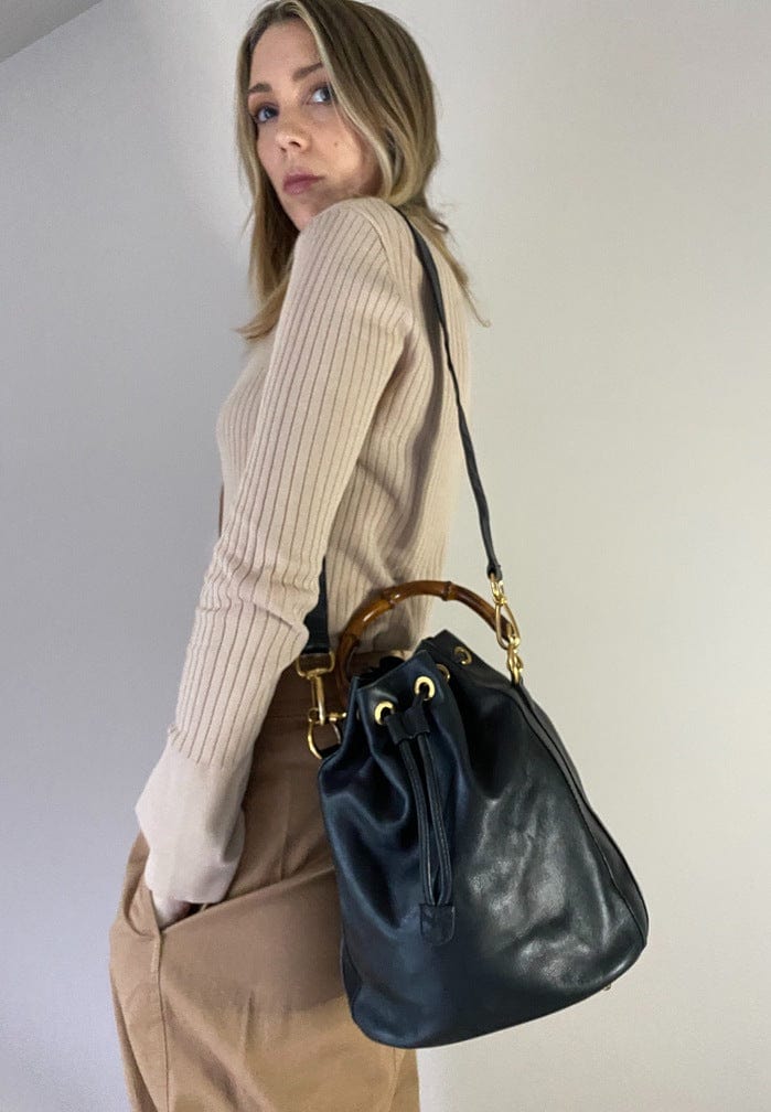 Gucci Black Bucket Bag with Bamboo Handles