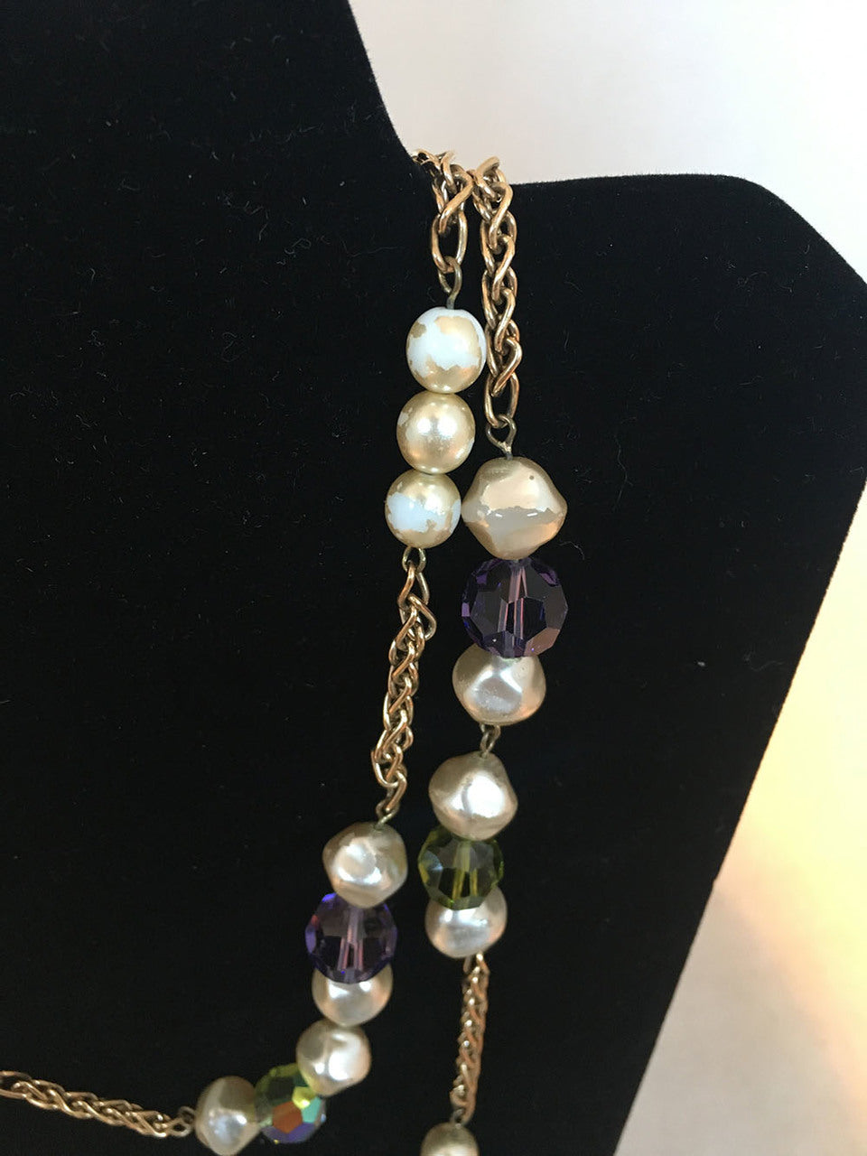 Chanel Vintage Pearl and Green and Purple Beaded Necklace with Crystal Ball