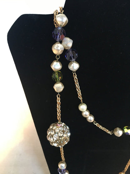 Chanel Vintage Pearl and Green and Purple Beaded Necklace with Crystal Ball