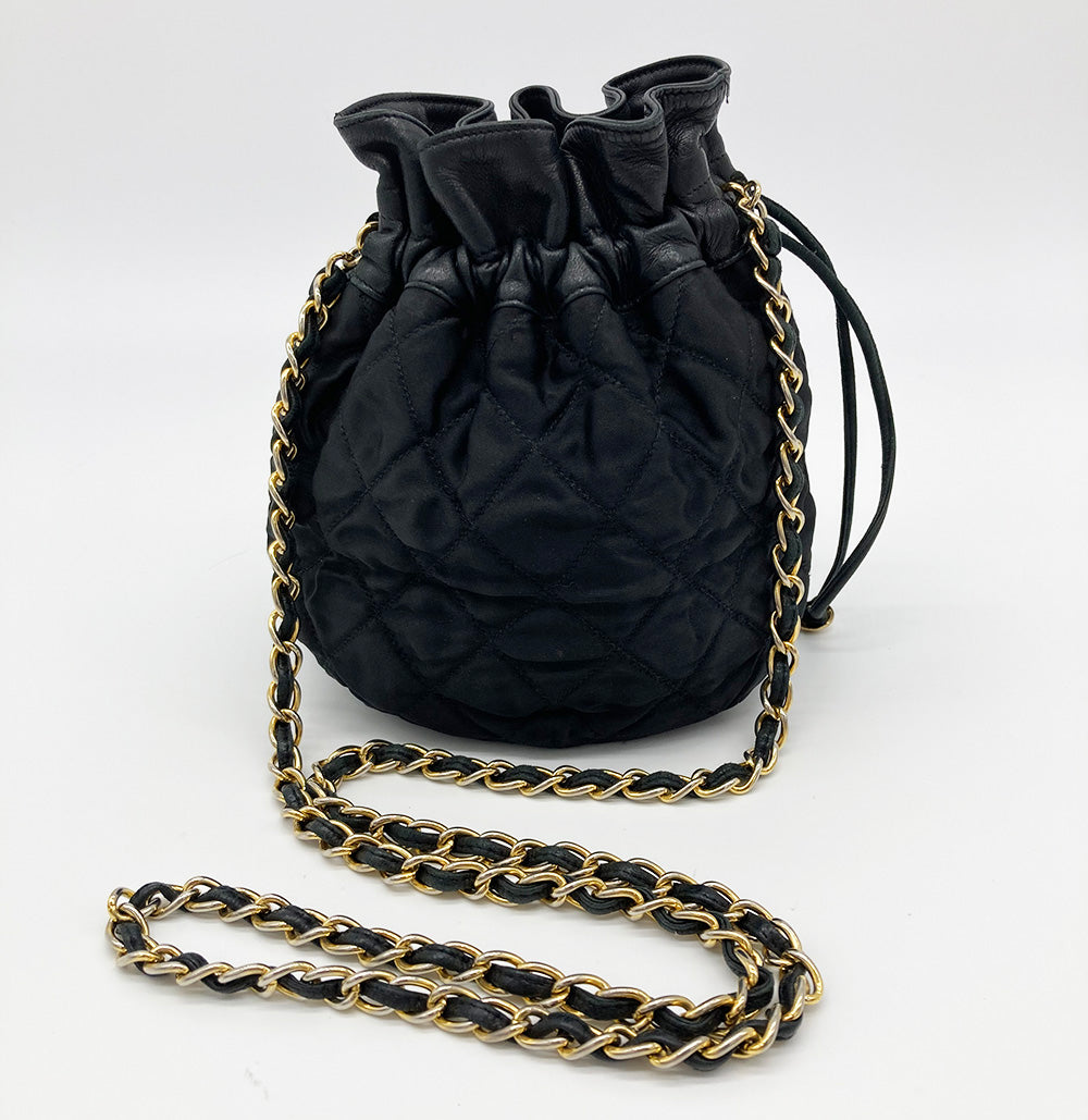 Vintage Chanel Black Satin & Leather Drawstring Bucket Bag