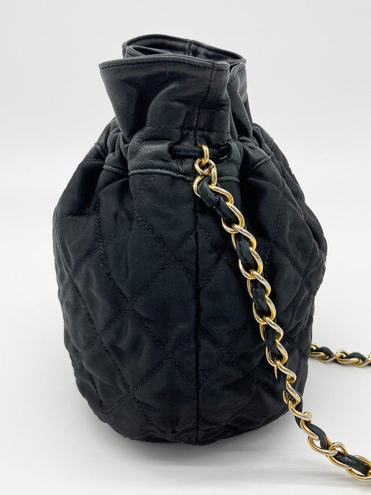 Vintage Chanel Black Satin & Leather Drawstring Bucket Bag