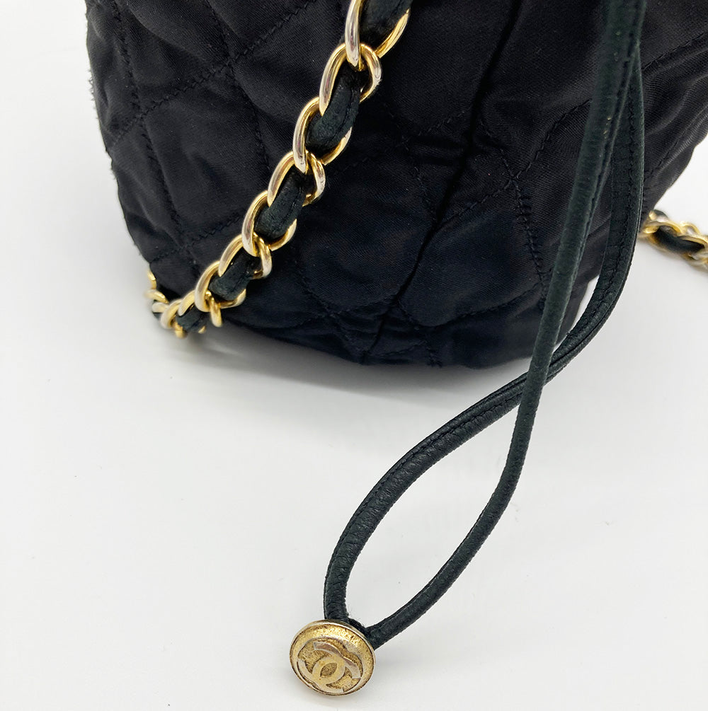 Vintage Chanel Black Satin & Leather Drawstring Bucket Bag