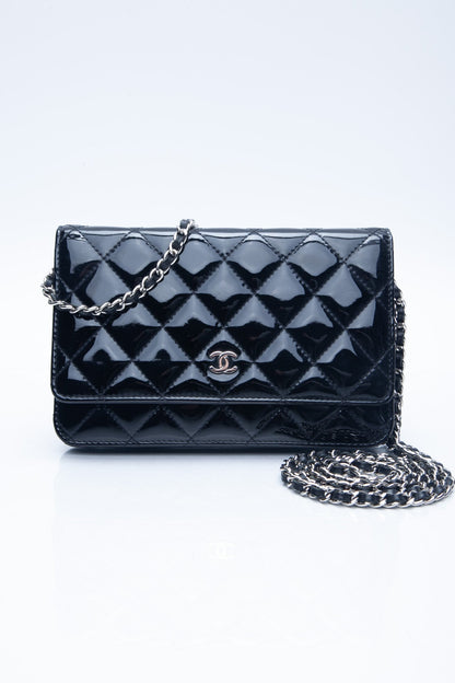 Chanel Black Patent Leather Quilted Wallet On Chain WOC