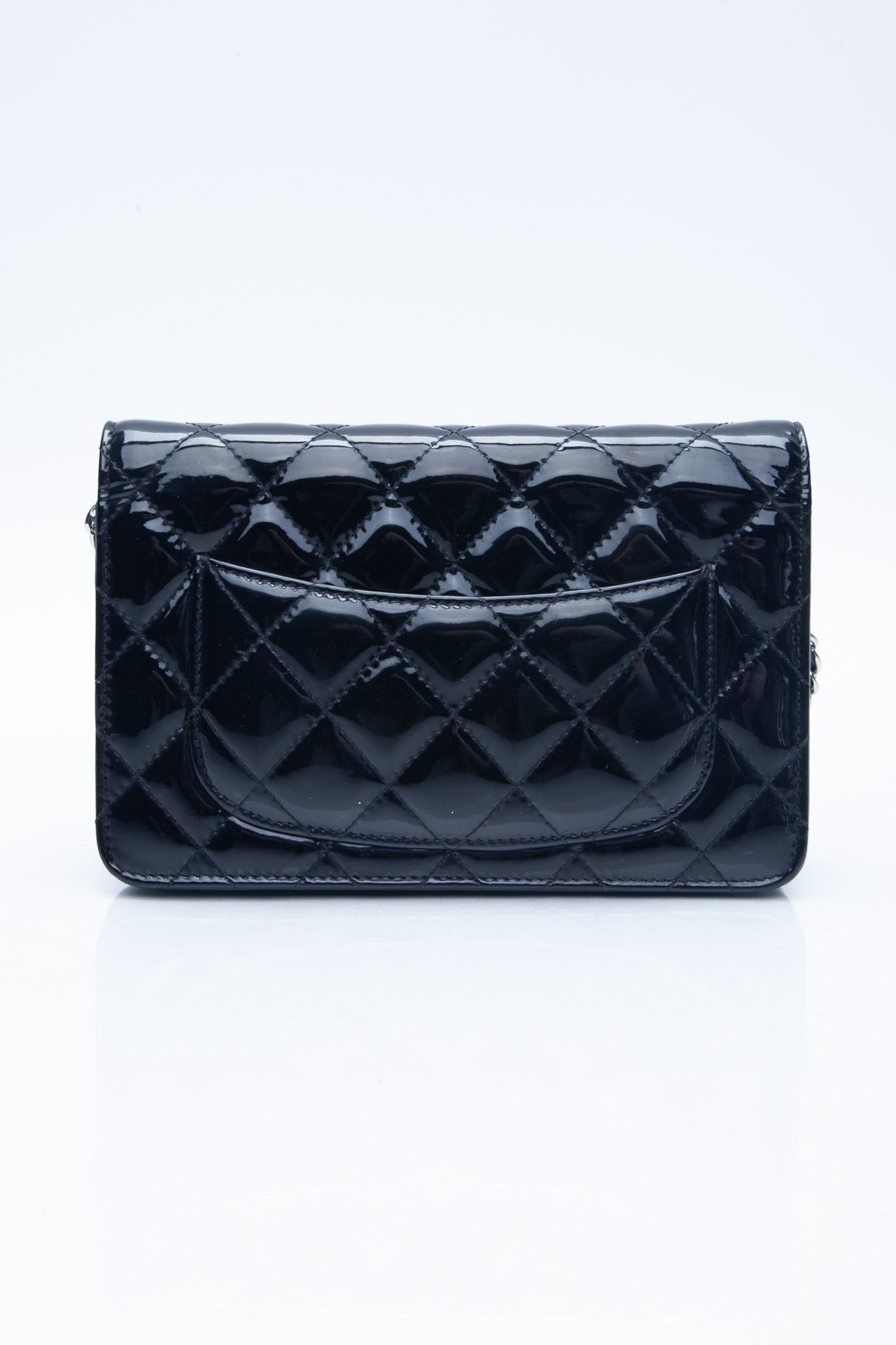 Chanel Black Patent Leather Quilted Wallet On Chain WOC