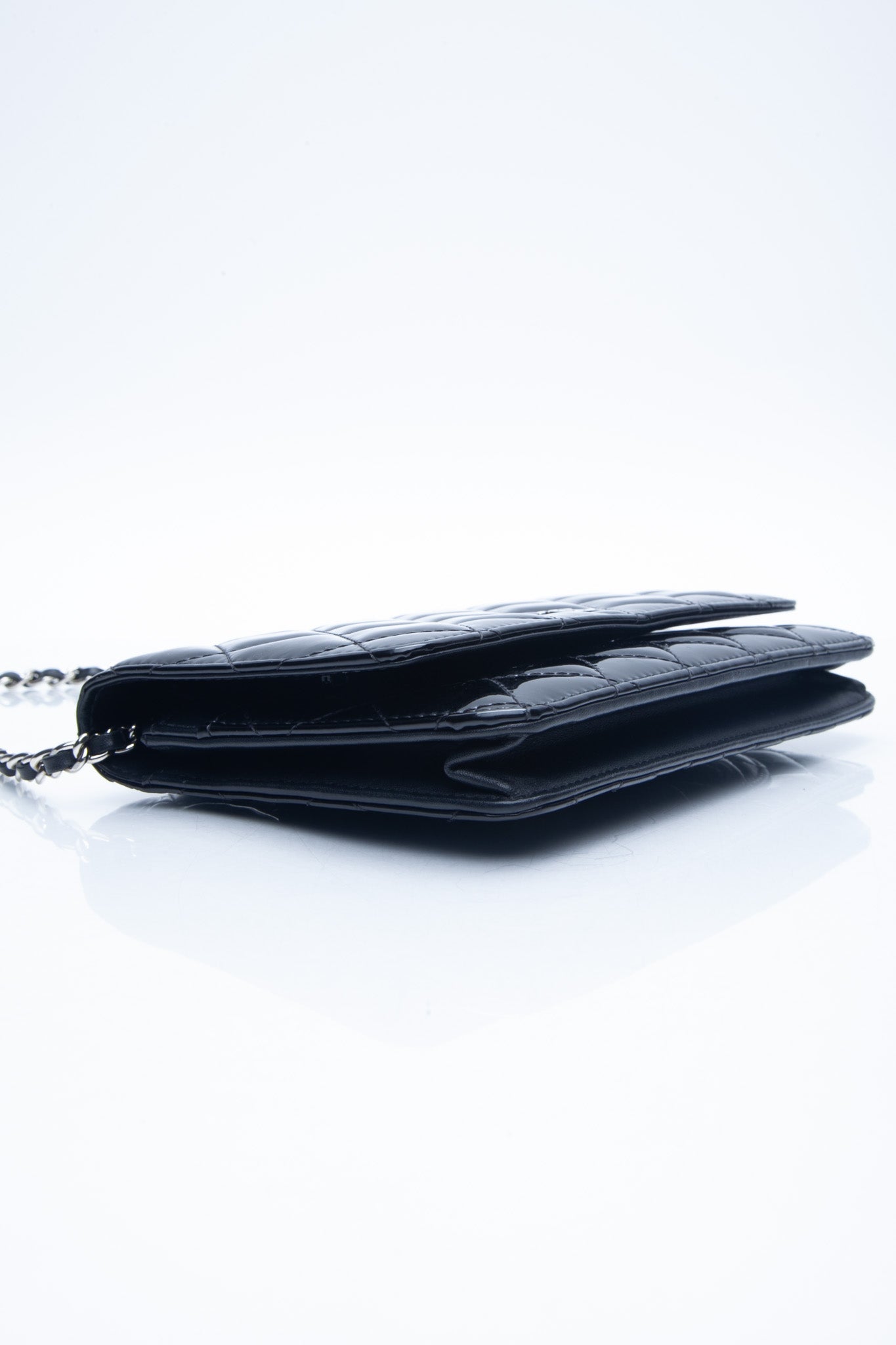 Chanel Black Patent Leather Quilted Wallet On Chain WOC