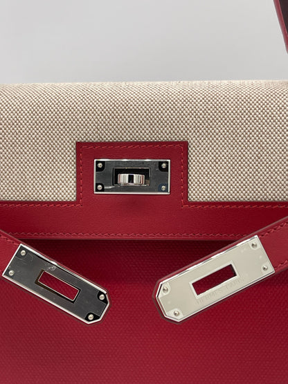 Hermes Kelly 32 Sellier Rouge Piment Swift and Toile Berline Palladium Hardware