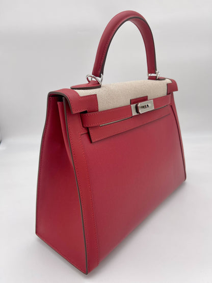 Hermes Kelly 32 Sellier Rouge Piment Swift and Toile Berline Palladium Hardware