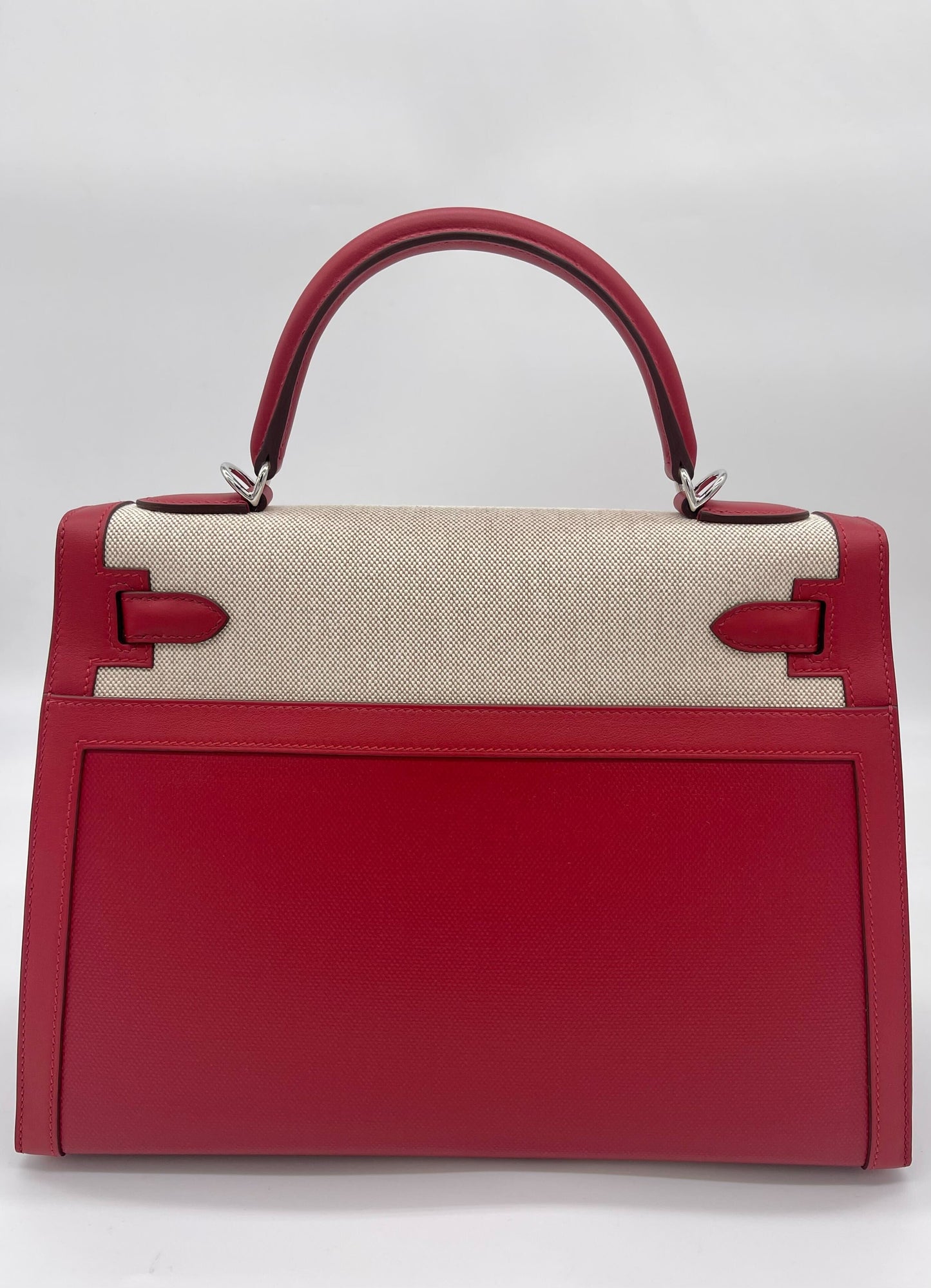 Hermes Kelly 32 Sellier Rouge Piment Swift and Toile Berline Palladium Hardware