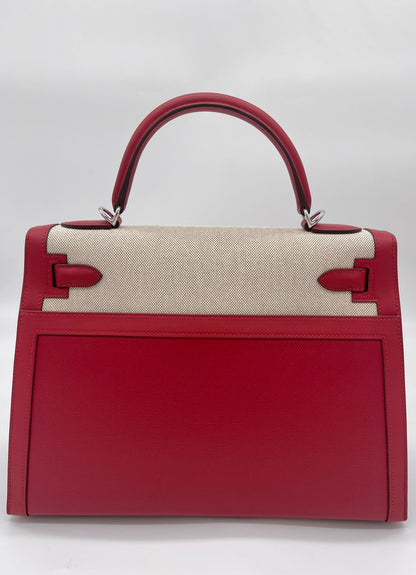 Hermes Kelly 32 Sellier Rouge Piment Swift and Toile Berline Palladium Hardware