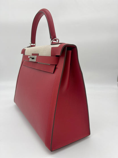 Hermes Kelly 32 Sellier Rouge Piment Swift and Toile Berline Palladium Hardware