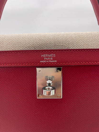 Hermes Kelly 32 Sellier Rouge Piment Swift and Toile Berline Palladium Hardware