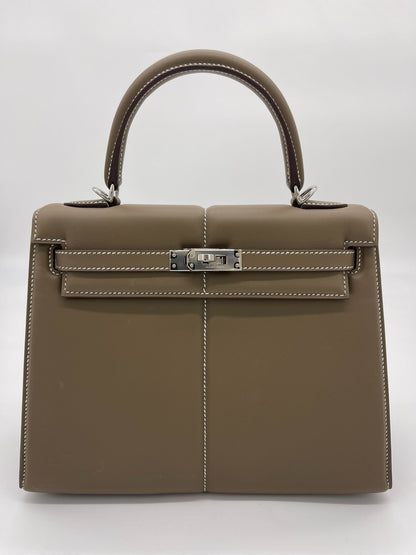 Hermes Kelly 25 Etoupe Swift Padded Palladium Hardware