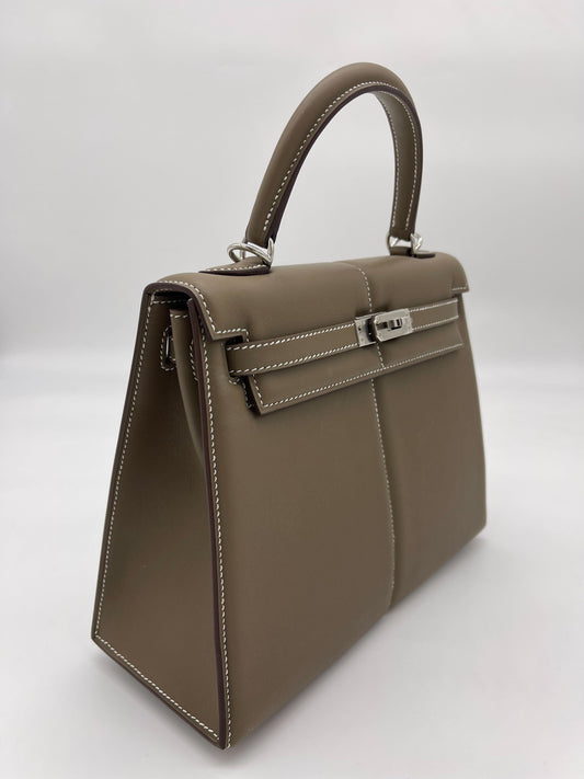 Hermes Kelly 25 Etoupe Swift Padded Palladium Hardware