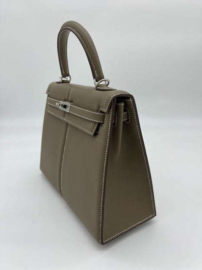 Hermes Kelly 25 Etoupe Swift Padded Palladium Hardware