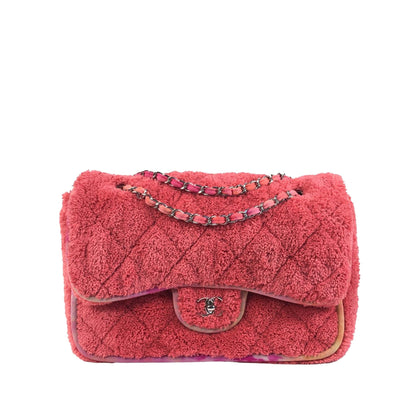 Chanel Classic Single Flap Jumbo Pink Quilted Terry Cloth Silver