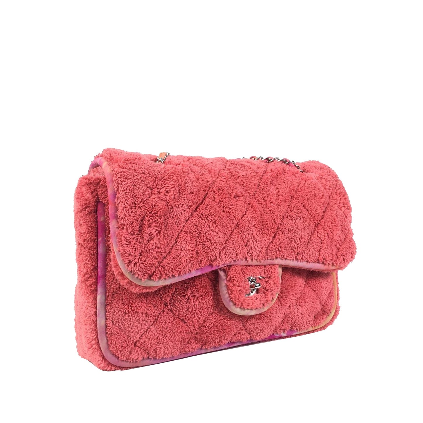 Chanel Classic Single Flap Jumbo Pink Quilted Terry Cloth Silver