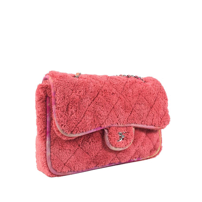 Chanel Classic Single Flap Jumbo Pink Quilted Terry Cloth Silver