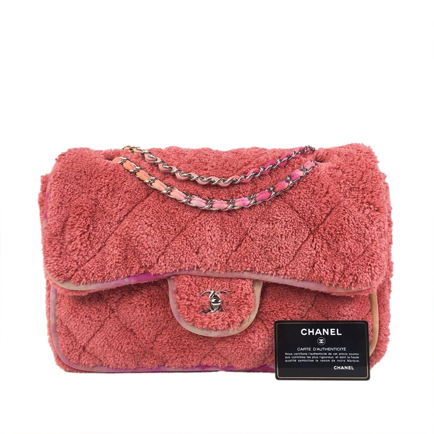 Chanel Classic Single Flap Jumbo Pink Quilted Terry Cloth Silver