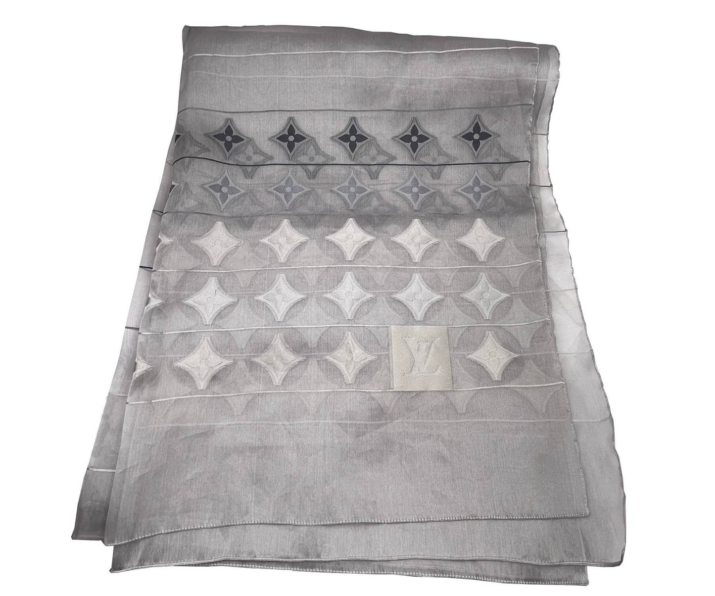 Louis Vuitton  Silver Grey Silk Organza Pattern Long Scarf