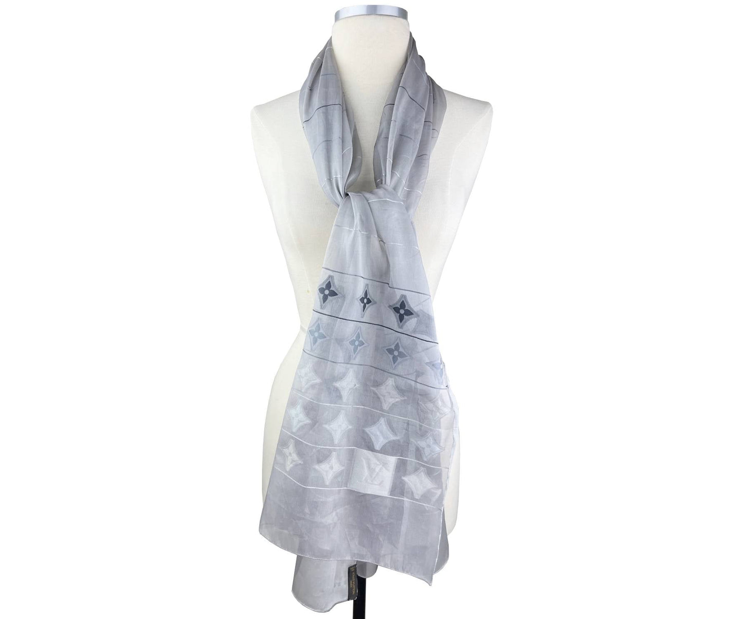 Louis Vuitton  Silver Grey Silk Organza Pattern Long Scarf