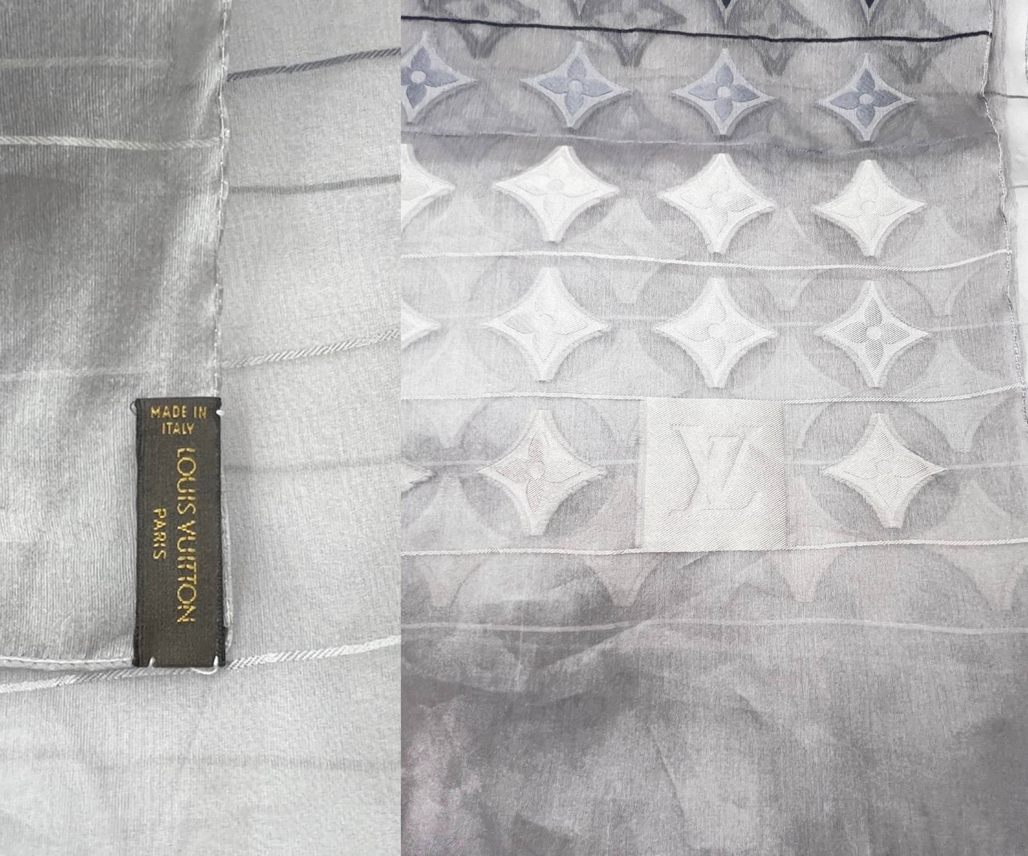 Louis Vuitton  Silver Grey Silk Organza Pattern Long Scarf