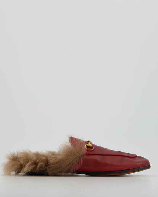 *FIRE PRICE* Gucci Burgundy Princetown Horsebit Shearling-Lined Leather Backless Loafers Size EU 39