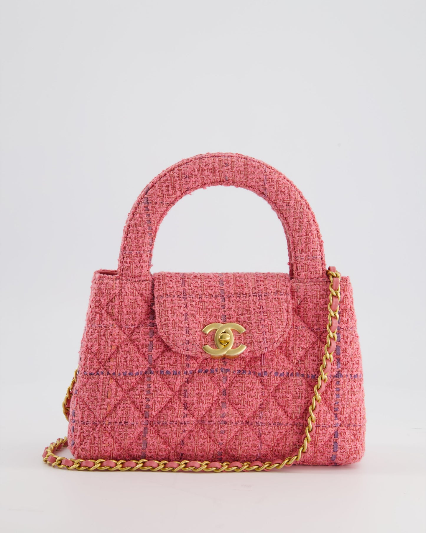 Chanel Pink Tweed Small Kelly Bag with Brushed Antique Gold Hardware