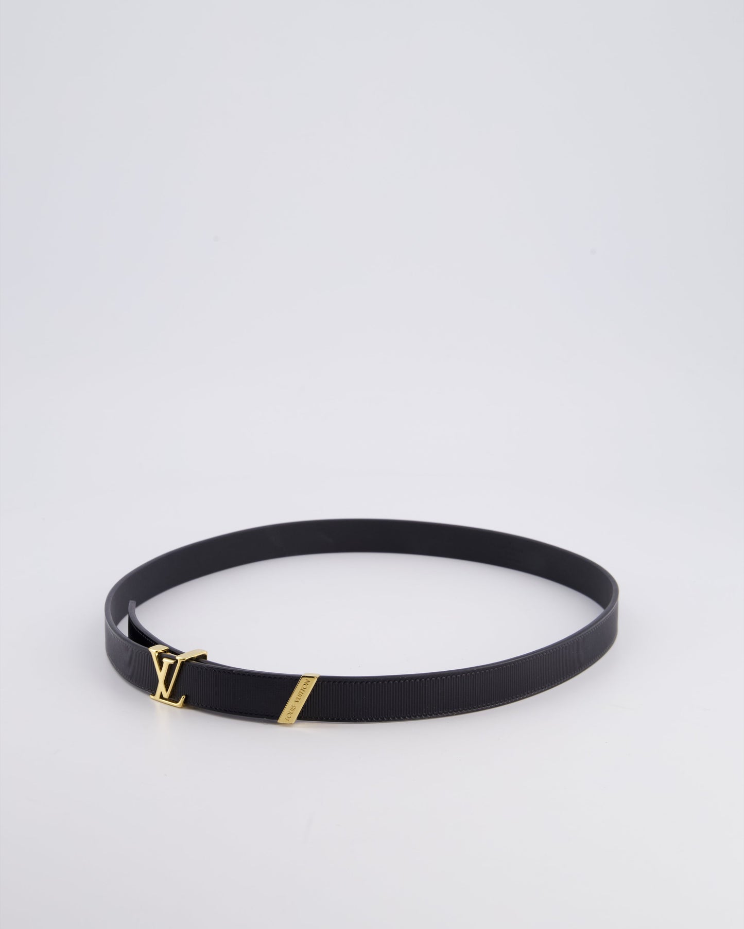 Louis Vuitton LV Initials Black Leather Belt with Gold LV Logo Size 80