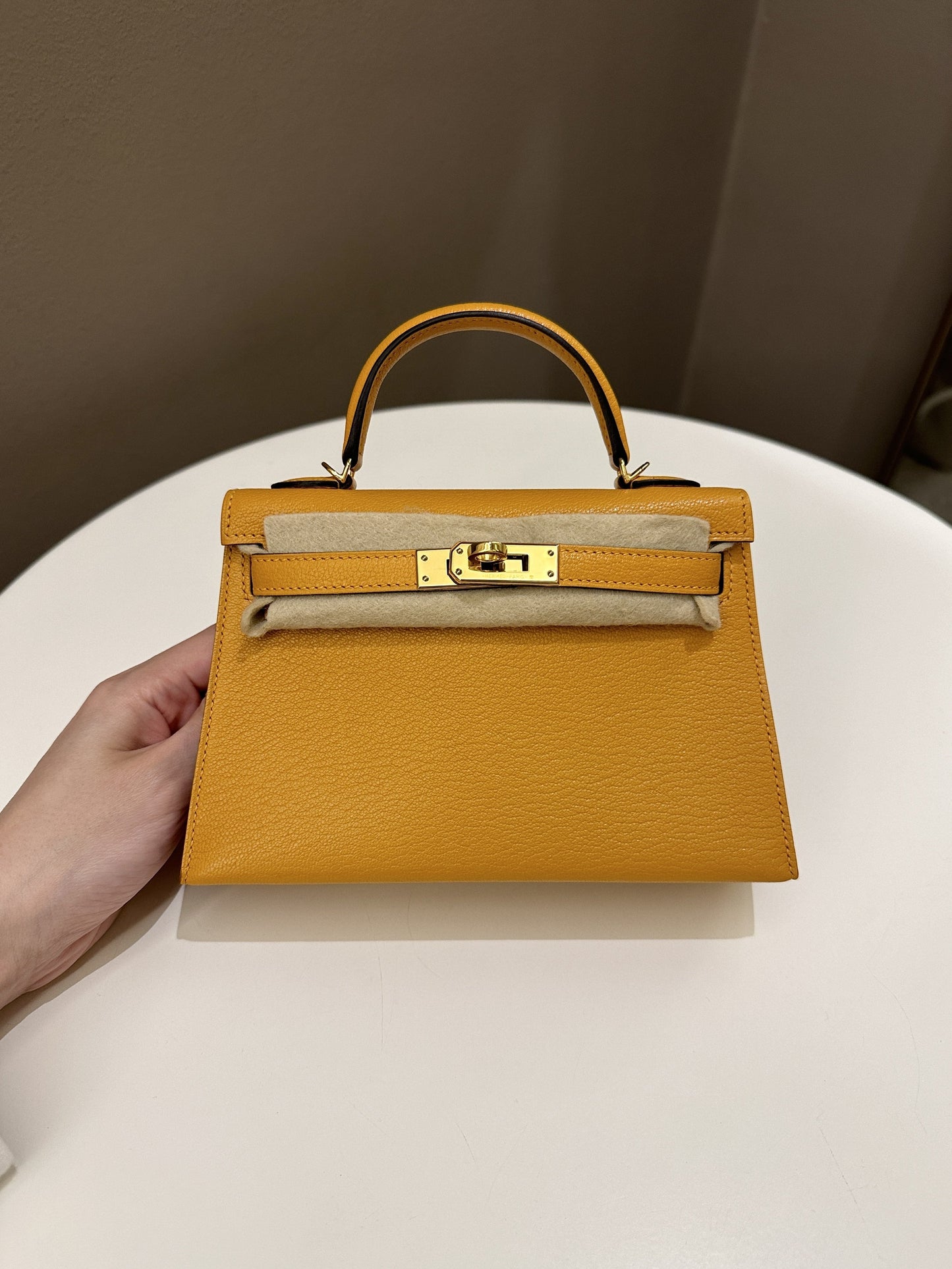 Hermes Mini Kelly 20 Moutarde Chèvre