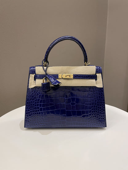 Hermes Kelly Sellier 25 Bleu Croc