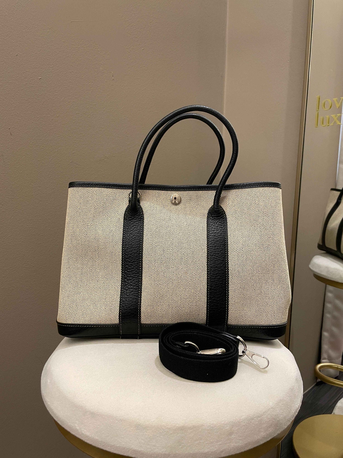 Hermes Garden Party 30 with Strap Black / Beige Canvas