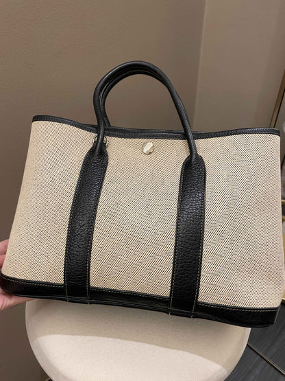 Hermes Garden Party 30 with Strap Black / Beige Canvas