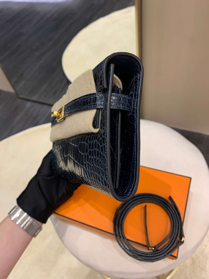 Hermes Kelly To Go Bleu Baltique Alligator