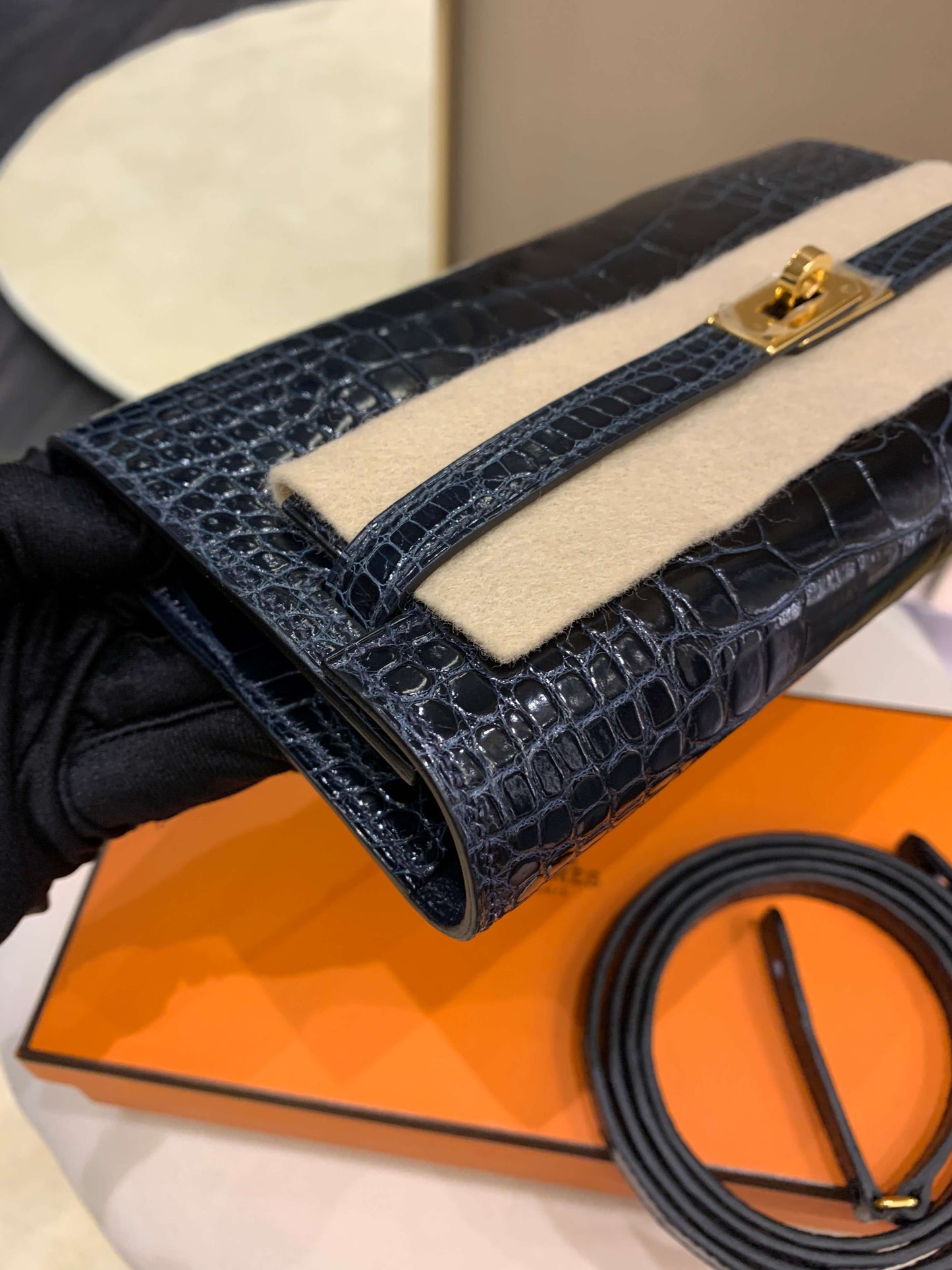 Hermes Kelly To Go Bleu Baltique Alligator