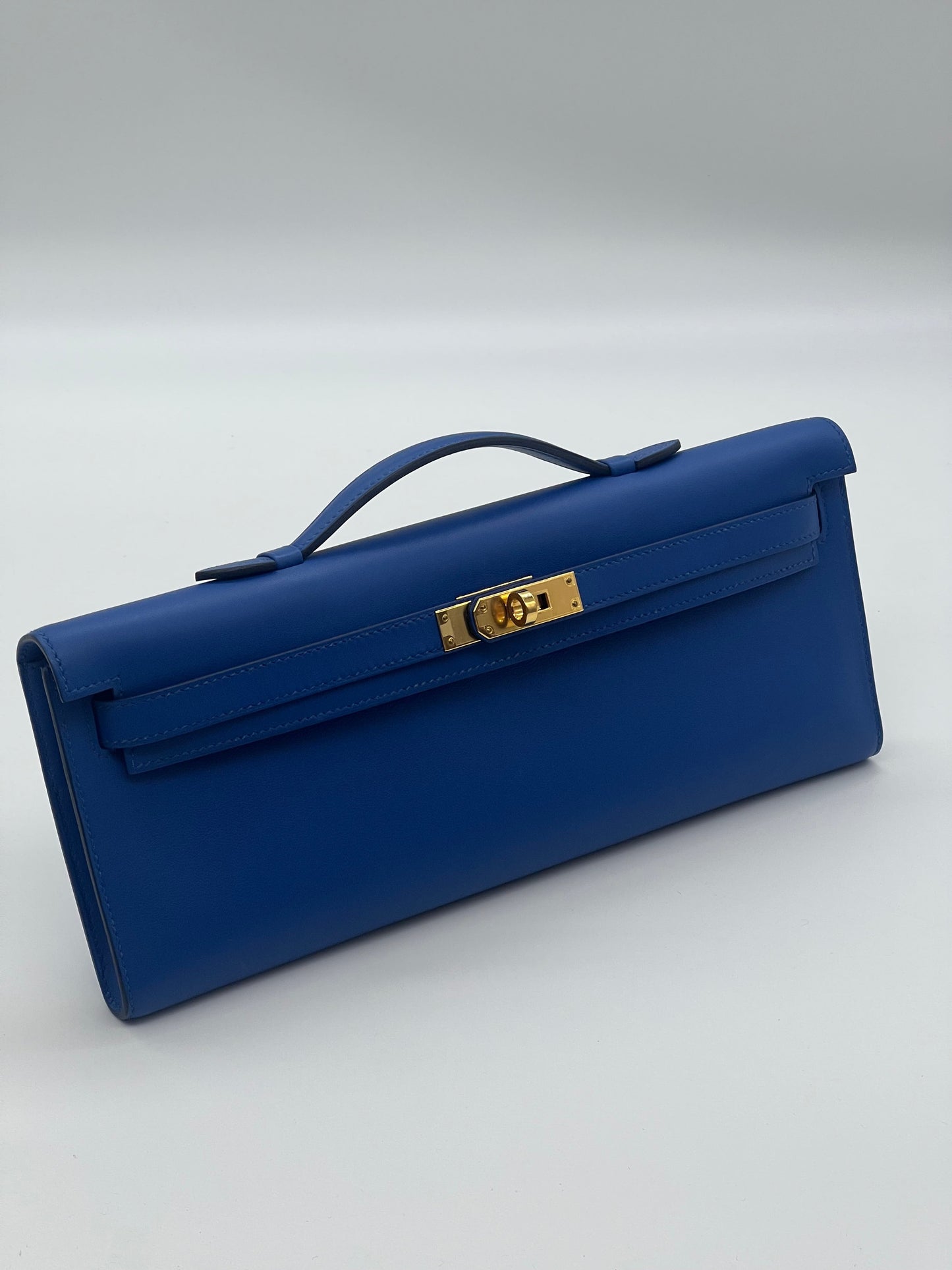 Hermes Kelly Cut Clutch Swift Calfskin Bleu France Gold Hardware