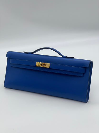 Hermes Kelly Cut Clutch Swift Calfskin Bleu France Gold Hardware