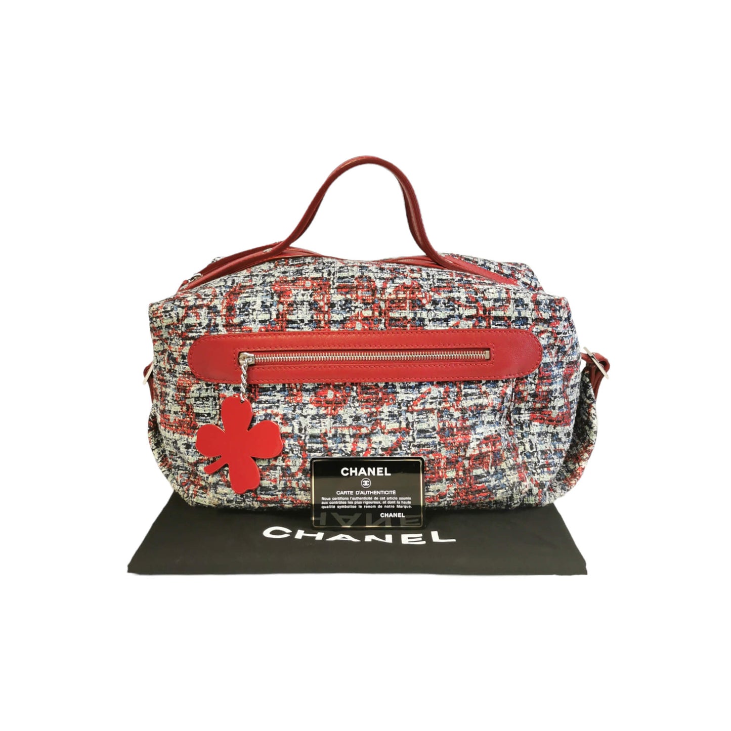 Chanel Duffle Bag Clover Red Tweed Silver