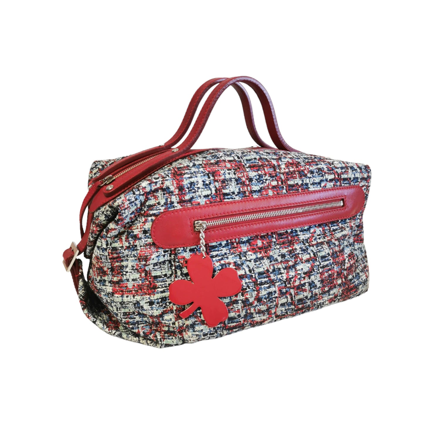 Chanel Duffle Bag Clover Red Tweed Silver